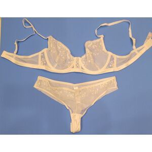 White Sheer Unlined Underwired Bra Thong Lingerie Set 36B/XL